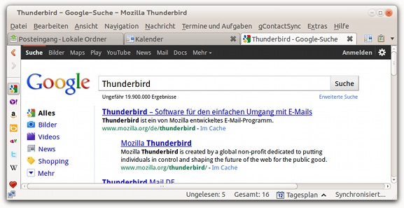 Screenshot Thunderbird mit Google Search Plugin